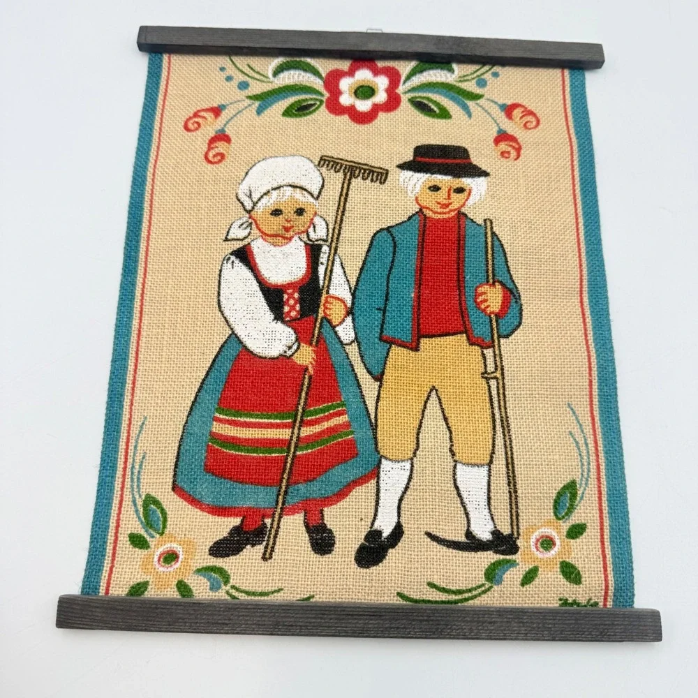 Vintage Scandinavian Folk Art Burlap Wall Hanging Couple Wood Dowels 8.5x11.5